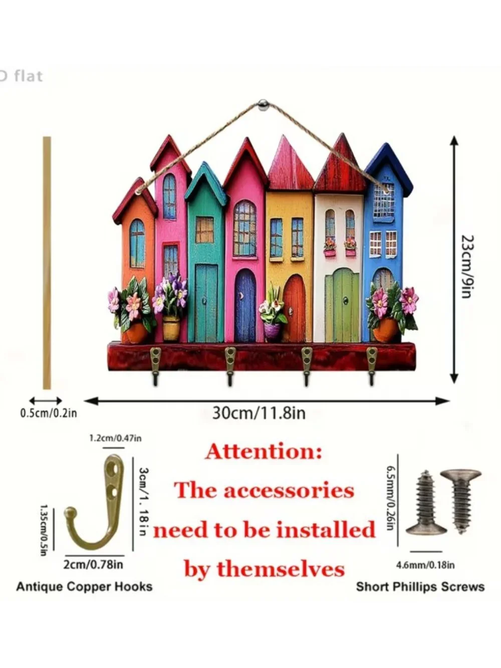 NWT Bohemian Key Rack Colorful Row Houses Wall-Mounted Wooden Key Holder 4 Hooks